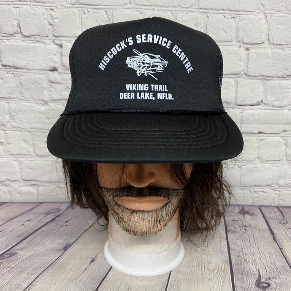 Vintage Trucker Hat Mesh 90s Cap Black HISCOCK'S Service Centre Viking TRL NFLD - Picture 1 of 8